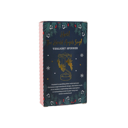 Tealight spinner packaging with festive design on a white background