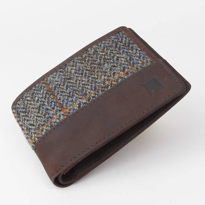 Brown leather wallet with tweed pattern on a white background