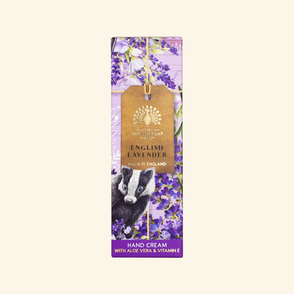 Hand cream packaging with English lavender design on a white background