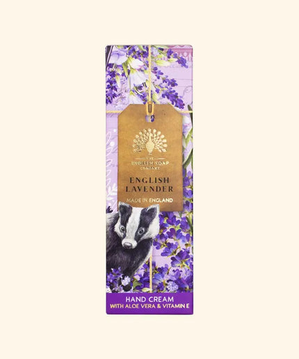 Hand cream packaging with English lavender design on a white background