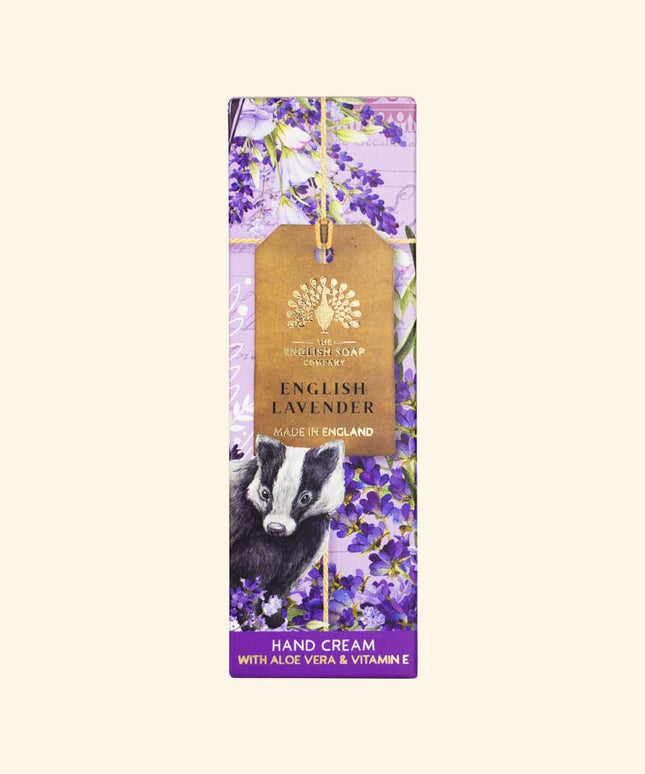 Hand cream packaging with English lavender design on a white background