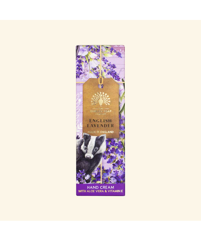 Hand cream packaging with English lavender design on a white background