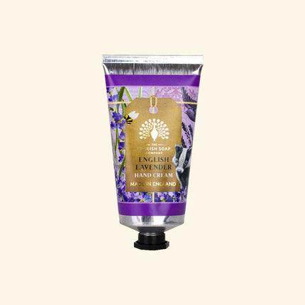 Hand cream tube with English Lavender design on a light purple background