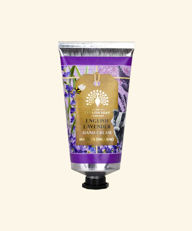 Hand cream tube with English Lavender design on a light purple background