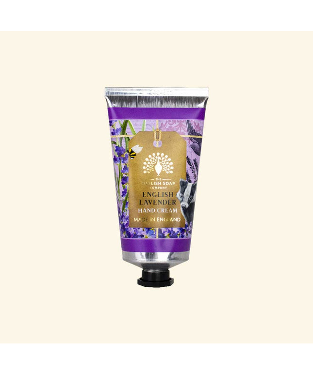 Hand cream tube with English Lavender design on a light purple background