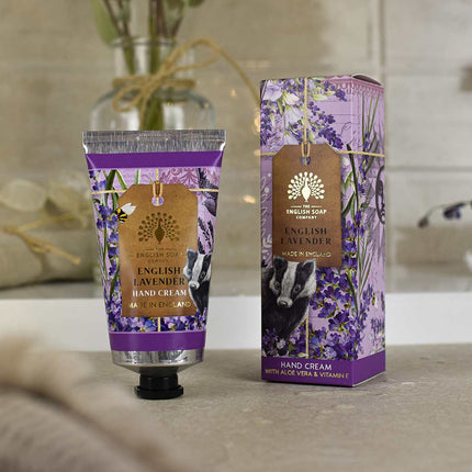 Hand cream and packaging with lavender design on a neutral background