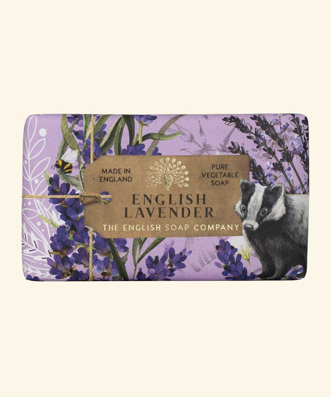 English Lavender soap bar with packaging featuring lavender and badger design on a beige background