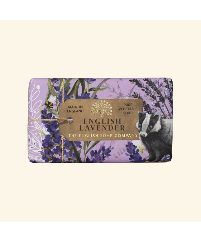 English Lavender soap bar with packaging featuring lavender and badger design on a beige background