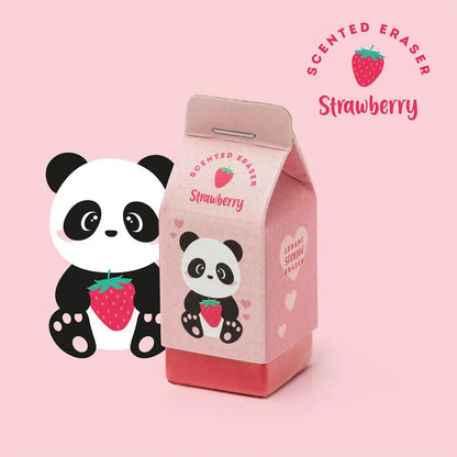 Pink scented eraser packaging with panda design on a pink background