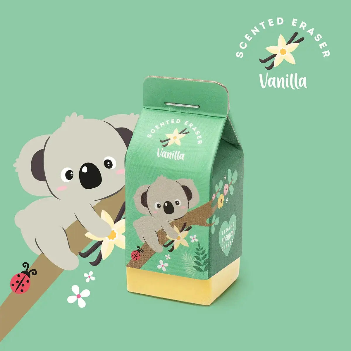 Scented eraser packaging with a koala design on a green background