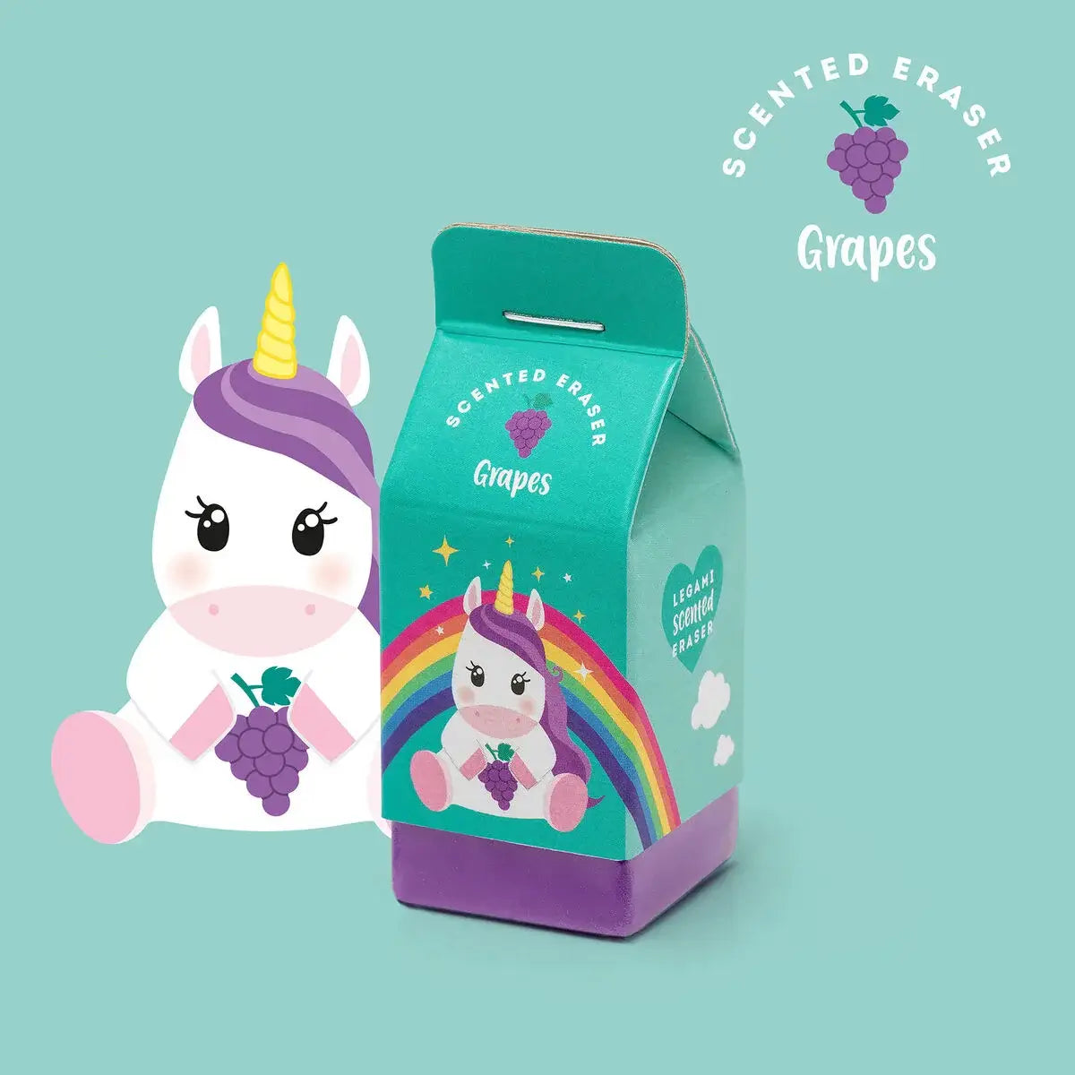 Scented eraser packaging with a unicorn design on a teal background
