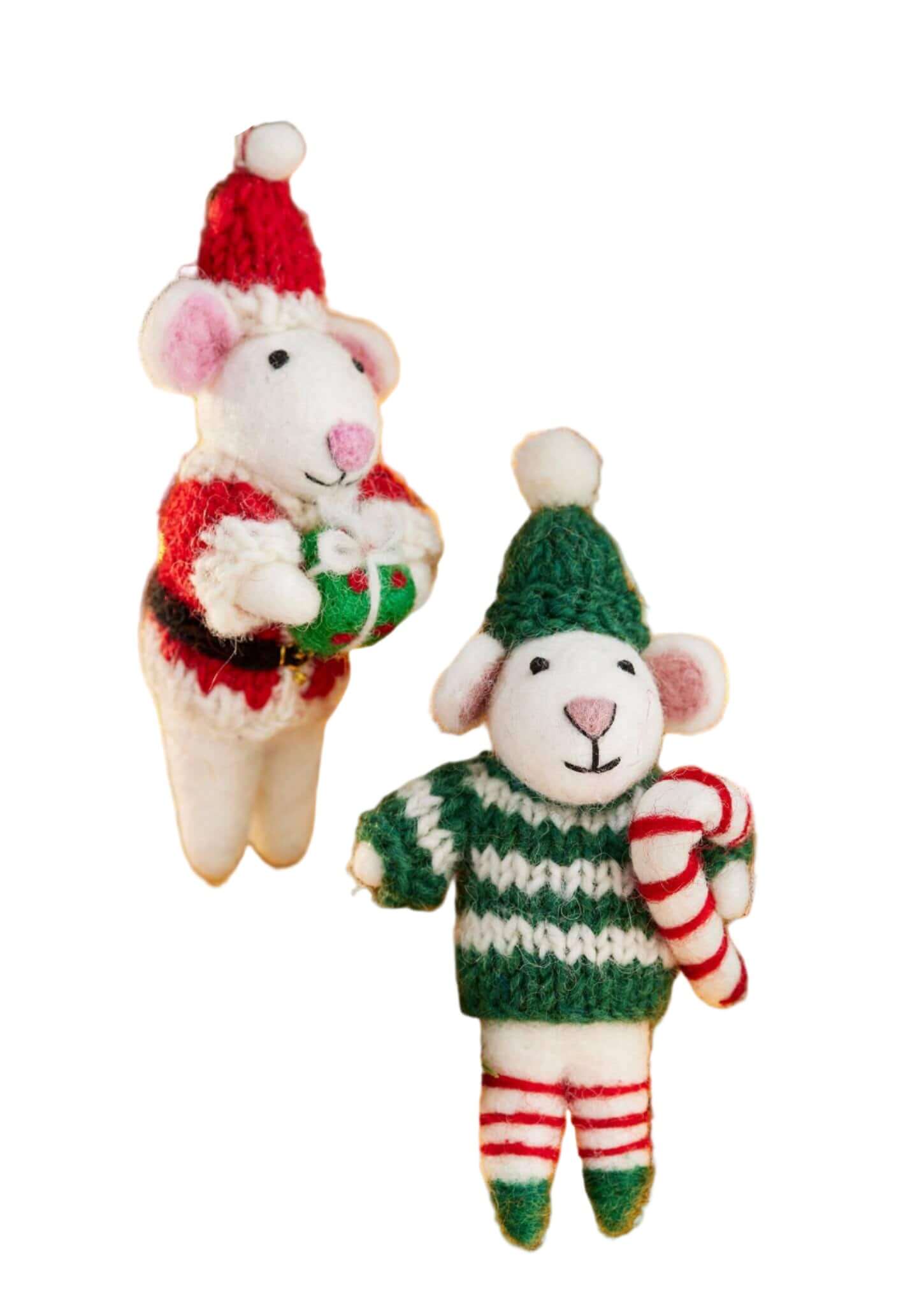 Two knitted mouse ornaments