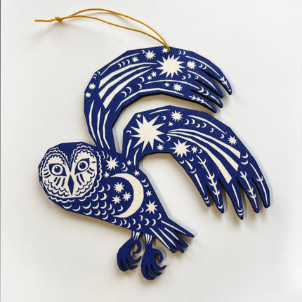 Screenprinted Wooden Decoration - Owl - Midnight Blue