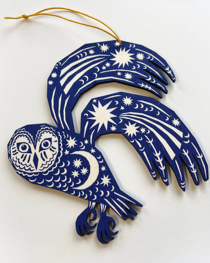 Screenprinted Wooden Decoration - Owl - Midnight Blue