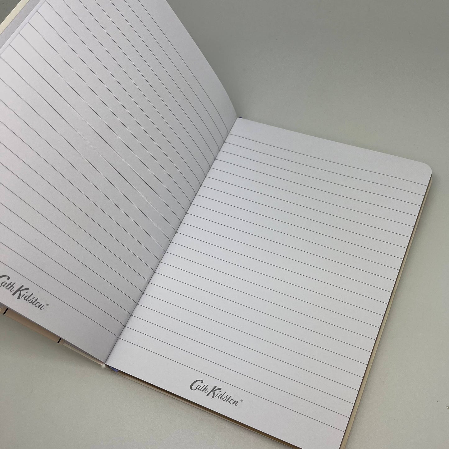 Open notebook with lined pages on a light gray background