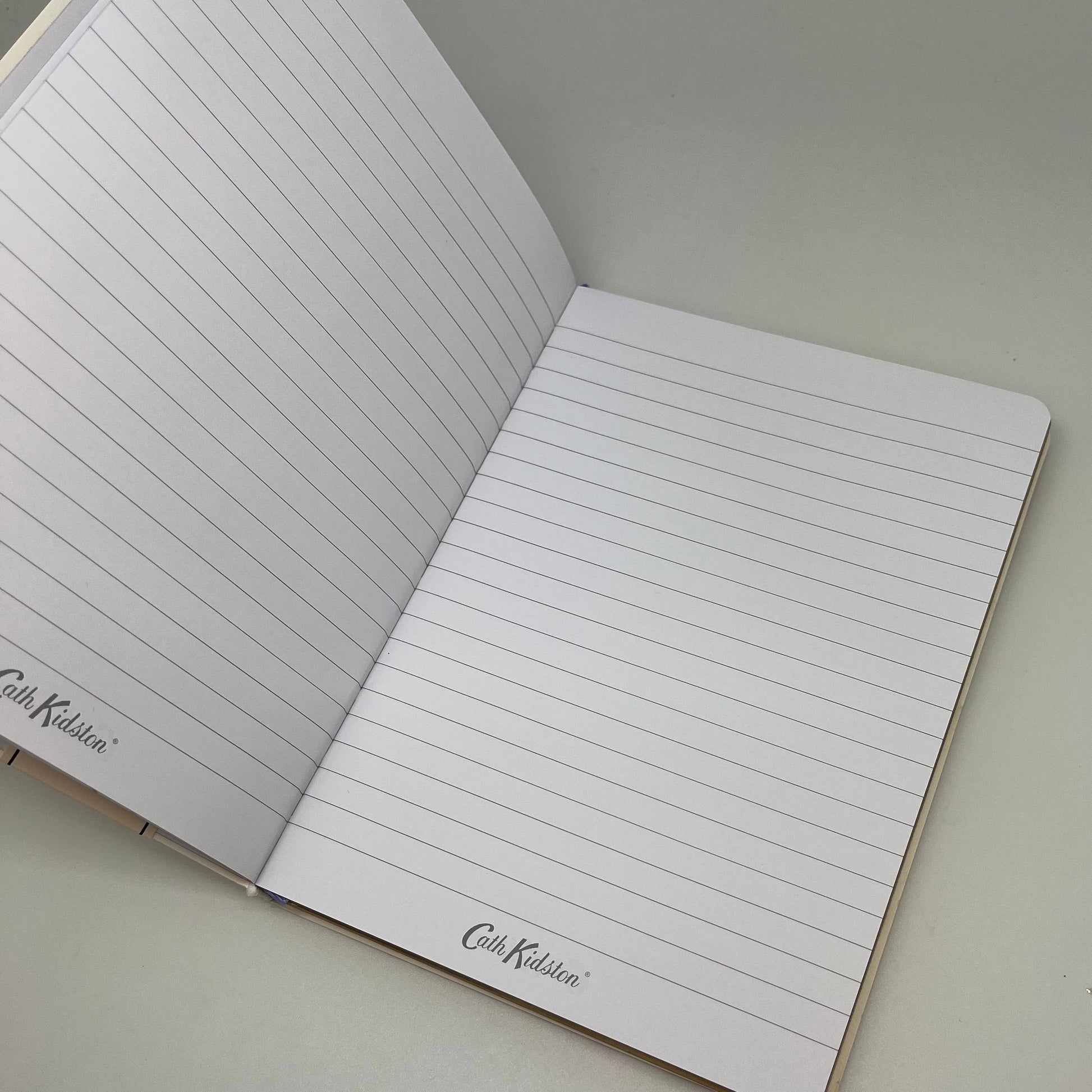 Open notebook with lined pages on a light gray background
