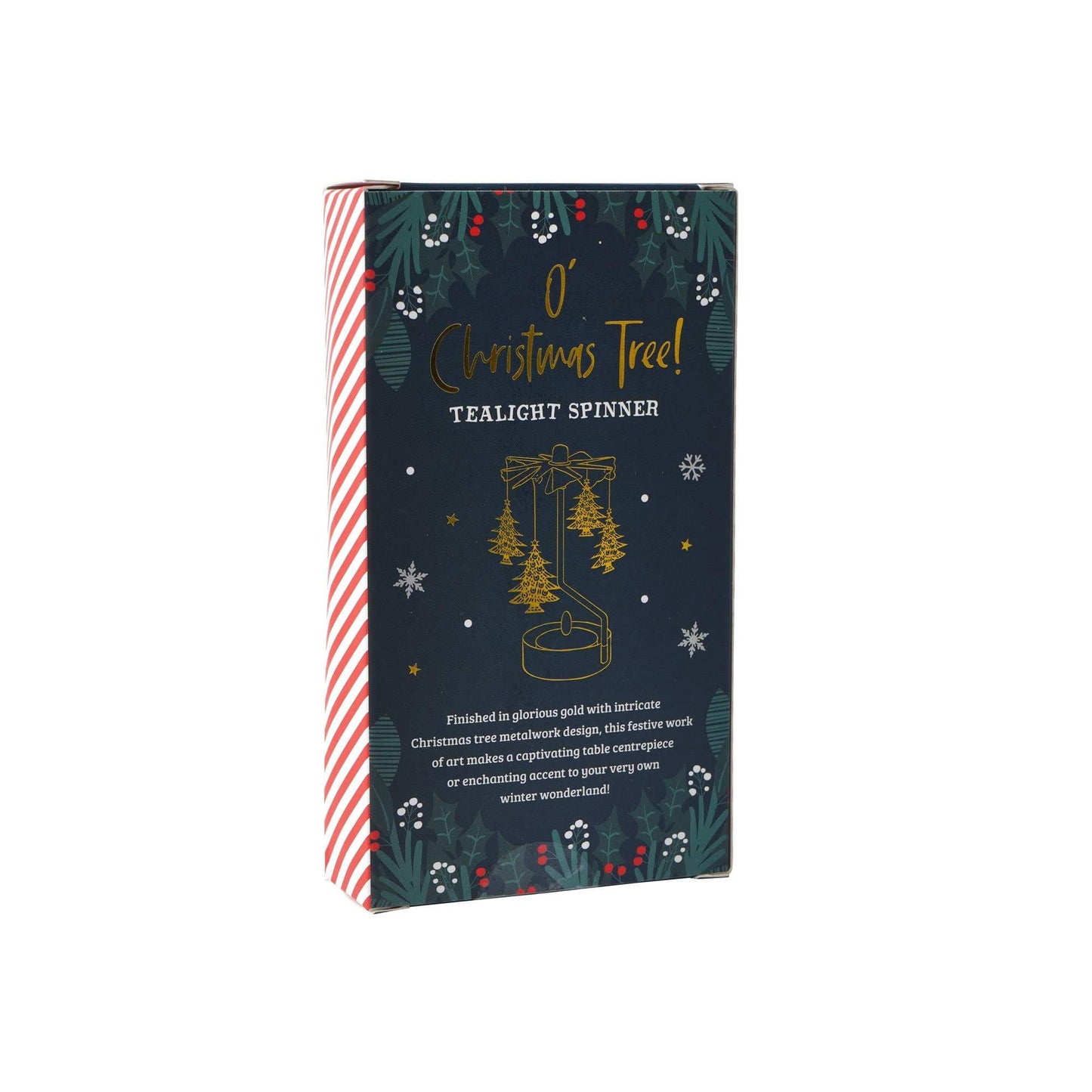 Packaging of a Christmas tree tealight spinner with festive design
