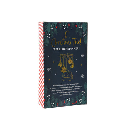 Packaging of a Christmas tree tealight spinner with festive design