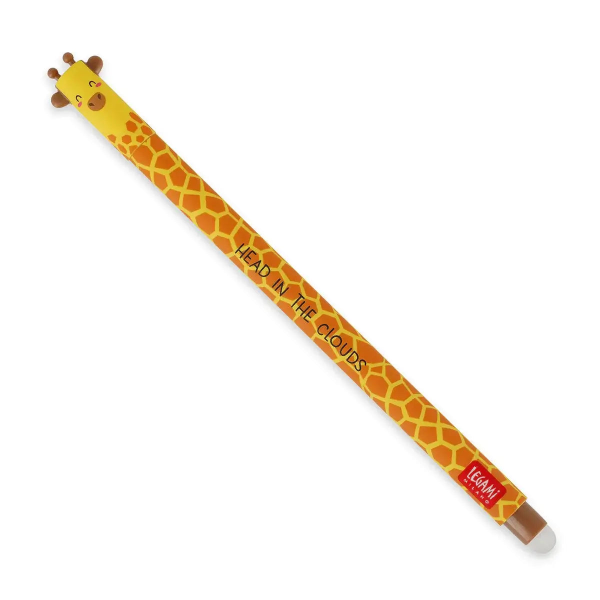 Giraffe-themed pencil with text on a white background