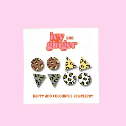 Gold Leopard Print Hand Painted Wooden Earrings Stud Set