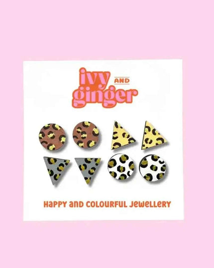 Gold Leopard Print Hand Painted Wooden Earrings Stud Set