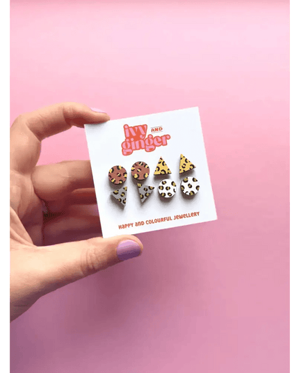 Gold Leopard Print Hand Painted Wooden Earrings Stud Set