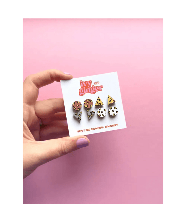 Gold Leopard Print Hand Painted Wooden Earrings Stud Set