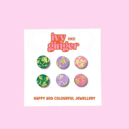 Green, lilac and pink gold blush fun stud earrings set