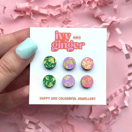 Green, lilac and pink gold blush fun stud earrings set
