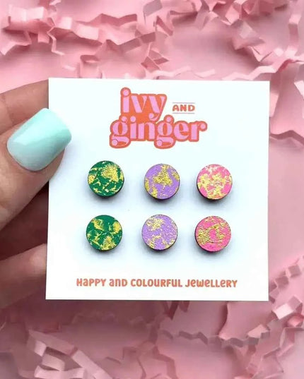 Green, lilac and pink gold blush fun stud earrings set