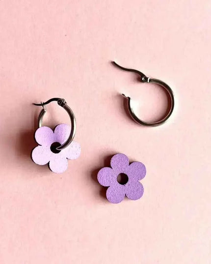 Hand Painted Lilac Statement Flower Dangle Hoop Earrings