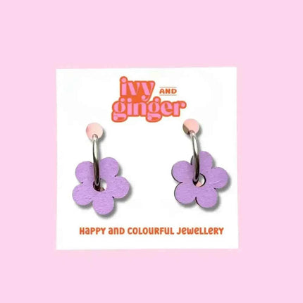 Hand Painted Lilac Statement Flower Dangle Hoop Earrings