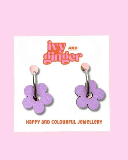 Hand Painted Lilac Statement Flower Dangle Hoop Earrings