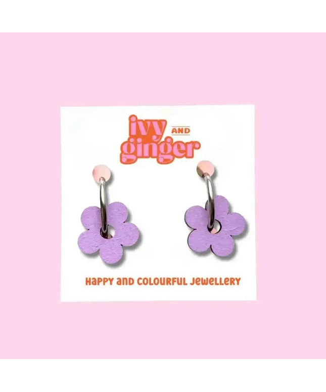 Hand Painted Lilac Statement Flower Dangle Hoop Earrings