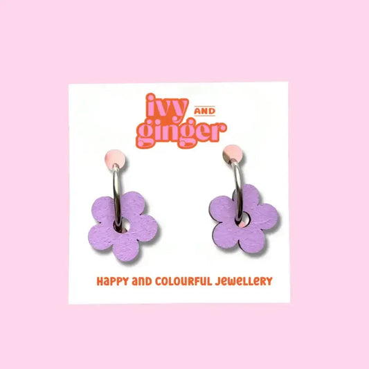 Hand Painted Lilac Statement Flower Dangle Hoop Earrings