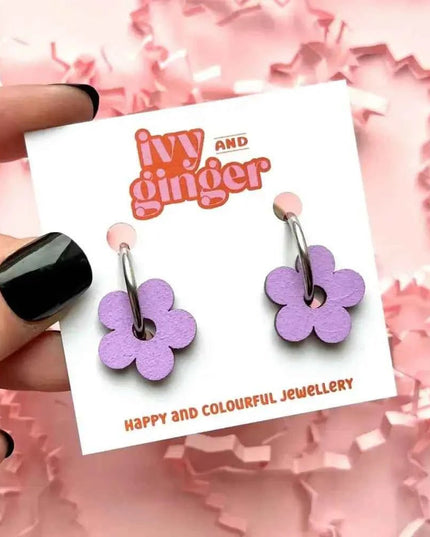 Hand Painted Lilac Statement Flower Dangle Hoop Earrings