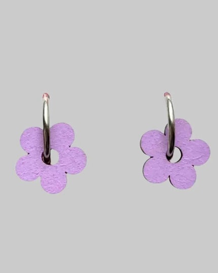 Hand Painted Lilac Statement Flower Dangle Hoop Earrings