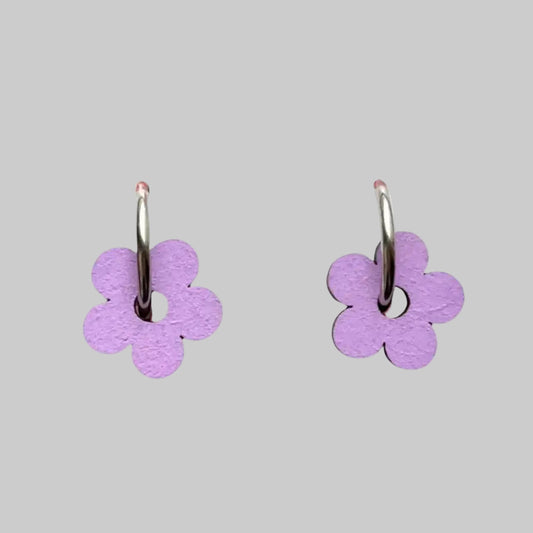 Hand Painted Lilac Statement Flower Dangle Hoop Earrings