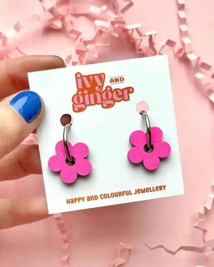 Hand Painted Neon Wooden Flower Statement Hoop Earrings