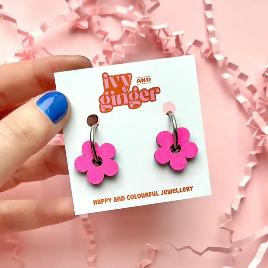 Hand Painted Neon Wooden Flower Statement Hoop Earrings