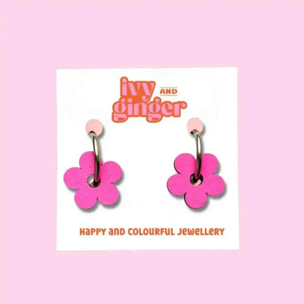Hand Painted Neon Wooden Flower Statement Hoop Earrings