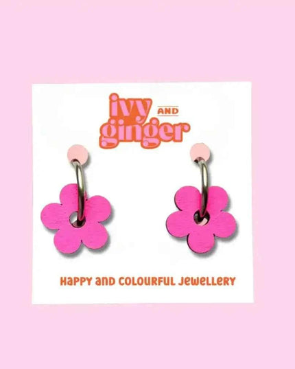 Hand Painted Neon Wooden Flower Statement Hoop Earrings