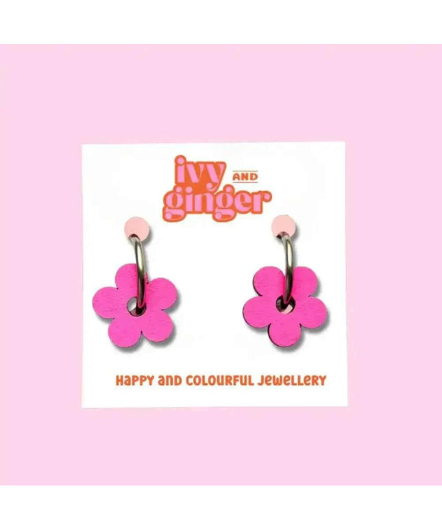 Hand Painted Neon Wooden Flower Statement Hoop Earrings