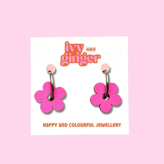 Hand Painted Neon Wooden Flower Statement Hoop Earrings