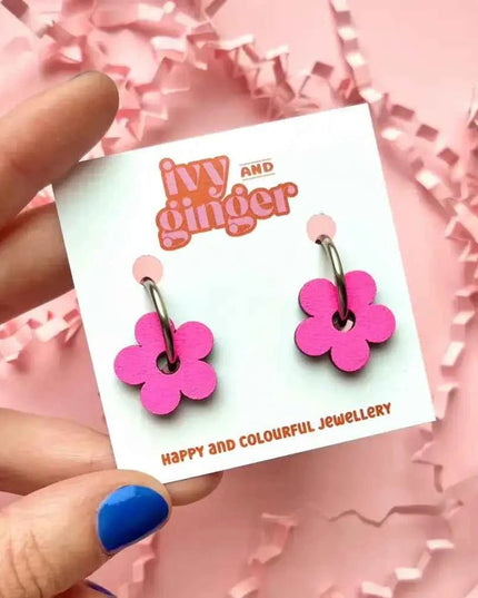 Hand Painted Neon Wooden Flower Statement Hoop Earrings