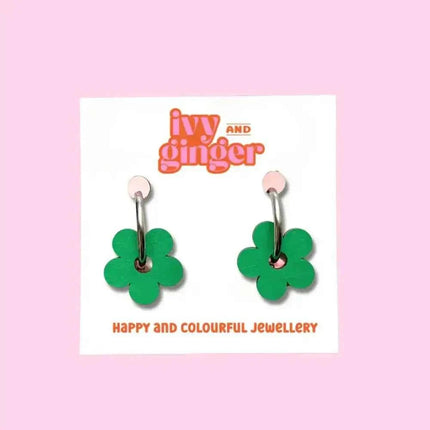 Handmade Bold Green Flower Statement Flower Hoop Earrings