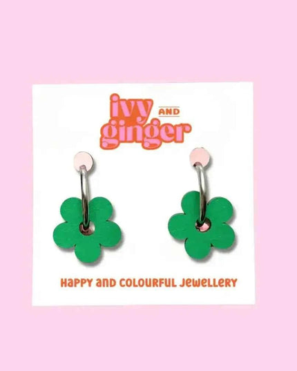 Handmade Bold Green Flower Statement Flower Hoop Earrings