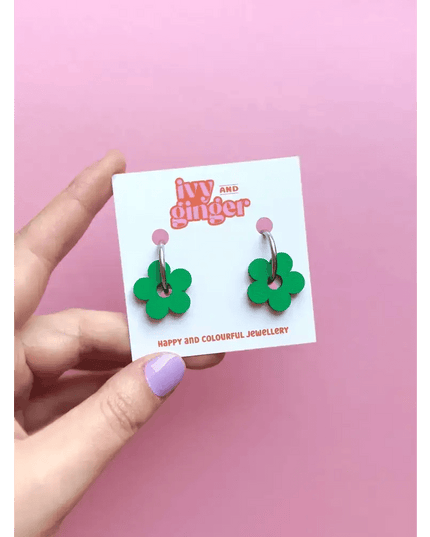 Handmade Bold Green Flower Statement Flower Hoop Earrings