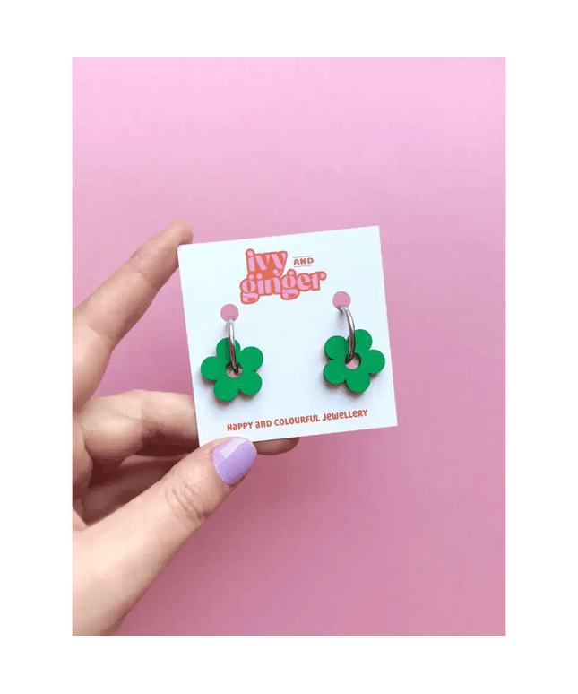 Handmade Bold Green Flower Statement Flower Hoop Earrings