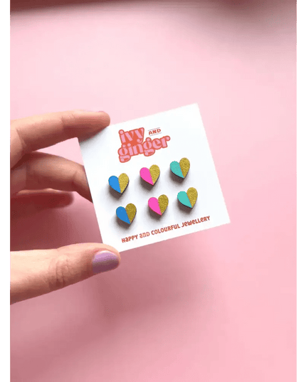 Handmade Gold Edge Fun Heart Statement Stud Earrings Set